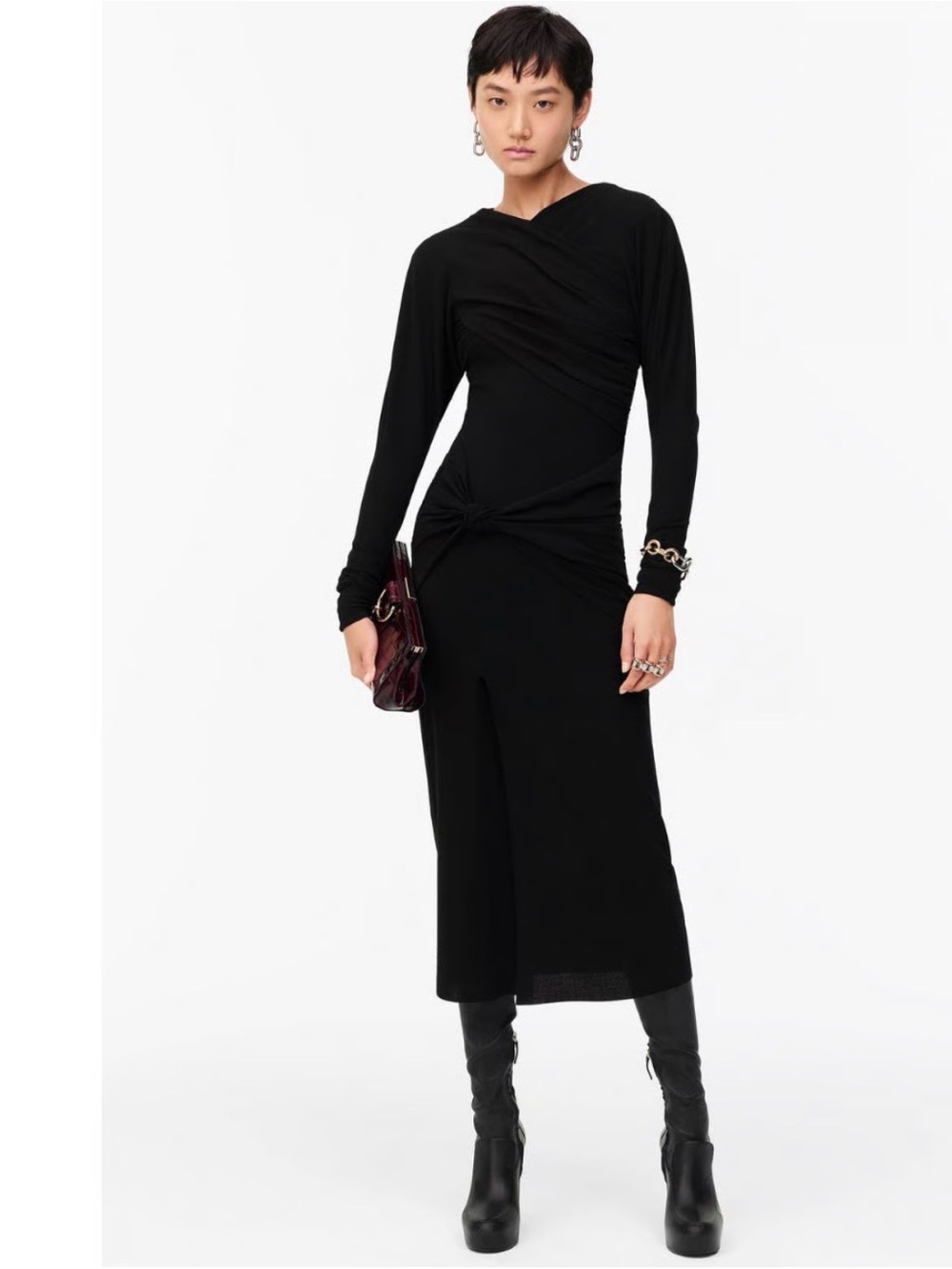ZARA STUDIO lightweight wool Black Long-Sleeve Ruched Midi Dress large - Picture 2 of 16